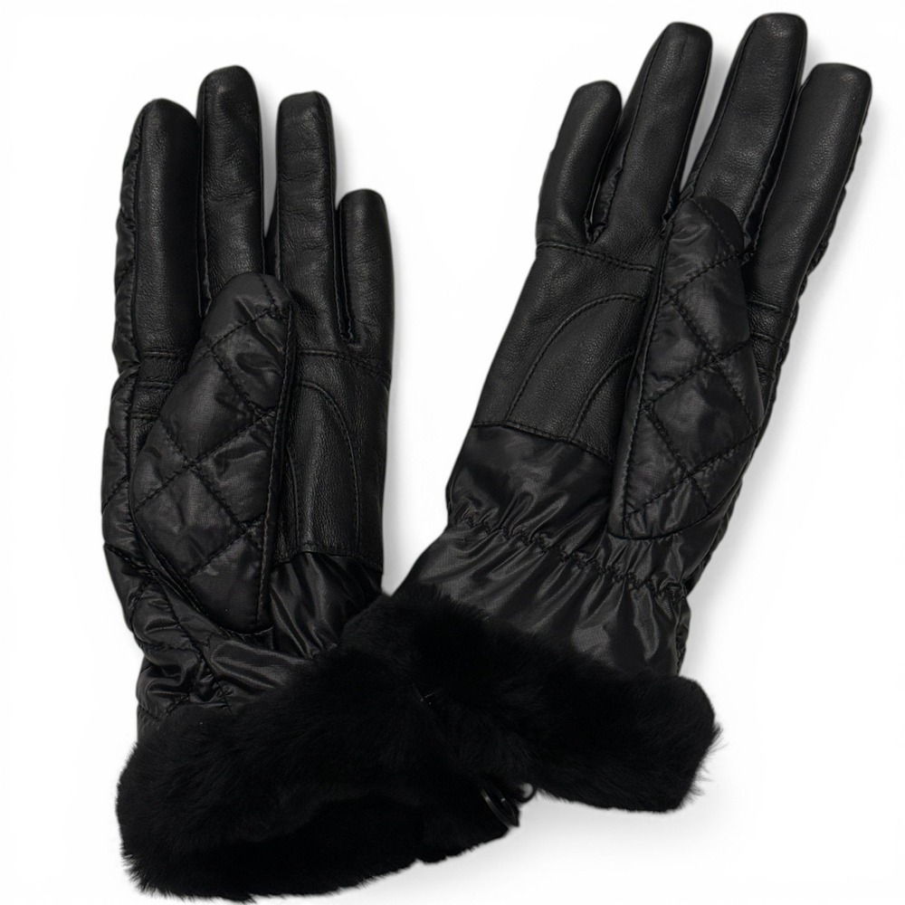 UGG Womens Quilted Performance Glove Black Leather Sheepskin Fur 18825 Small NEW